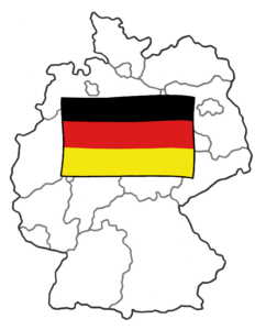 Bild zeigt die Flagge der Bundes-Republik Deutsch-Land und darunter die Umrisse der Land-Karte von Deutschland mit den Grenzen der einzelnen Bundes-Länder.