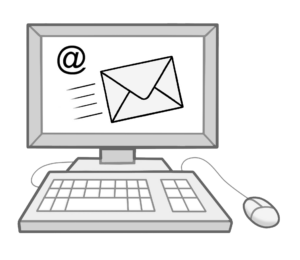 Das Bild zeigt einen Monitor mit Tastatur und Maus. Der Bildschirm zeigt einen Briefumschlag. Das Bild stellt die Erreichbarkeit durch E-Mail dar.